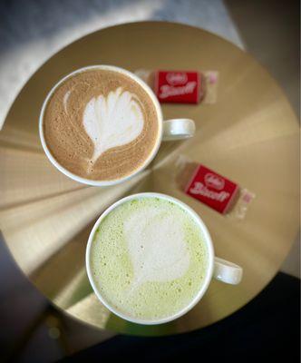 Decaf Mocha   with whole milk + Matcha Latte  with oatmilk (with a pump of lavender)