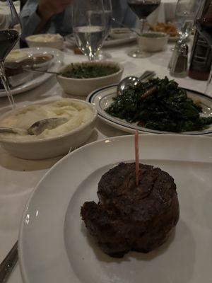 Filet mignon, mashed potatoes, sautéed spinach