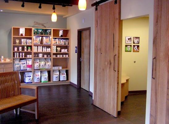 Our product shelves and an exam room.