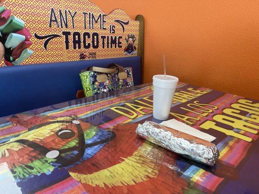 Cute booth, breakfast burrito will last all day!