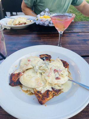 Blackened chicken and pierogis + cosmo..