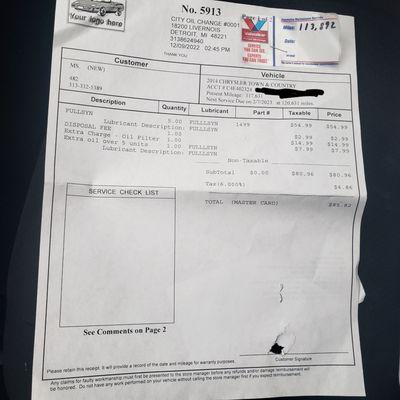 The front of the receipt, after unstapled