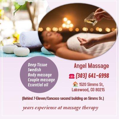 Angel Massage
1520 Simms St, Lakewood, CO 80215
Behind 7-Eleven/Concoco second building on Simms St.
Phone: (303) 641-6998