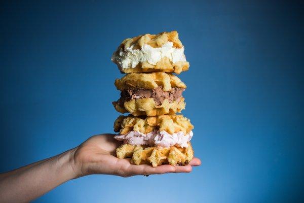 A triple stack of Wafflewiches