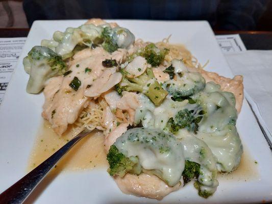 Chicken with broccoli and cheese over cappellini