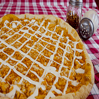 Buffalo Chicken Pizza- Sauteed chicken tossed in Spicy Hot Sauce, topped with Mozzarella.