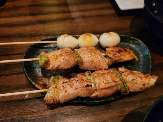 Negi-mune (Chicken breast and scallion skewers) ; Quail eggs