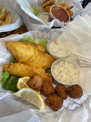 Cod dinner.  Not freshly battered and fried, yet surprisingly good.  Firm, crispy and flavorful.