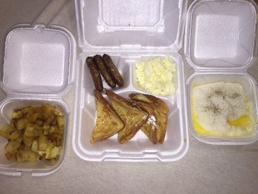 French Toast , Smokey Turkey Links, Potatoes, Egg Whites and Grits.