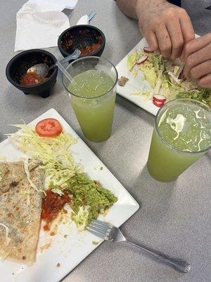 Carne de asada quesadillas and Aguas Frescas de pepino