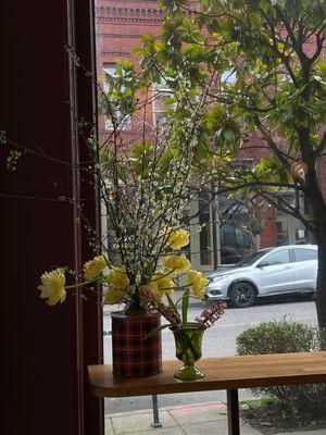 Beautiful flower arrangement with bar seating