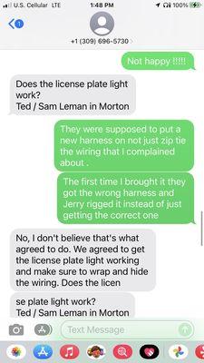 This is the text from the salesman along with the service manager saying they got the wrong harness from the first repair