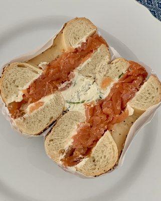 Everything bagel with scallion cream cheese and lox