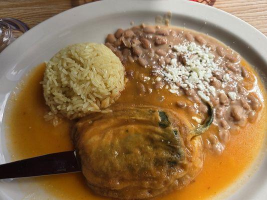 Chile Relleno, with rice and beans.