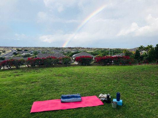 What a treat! A rainbow for your viewing pleasure as we start our morning practice.