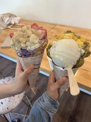 Rice flavor ice cream in matcha waffle and Ube in waffle