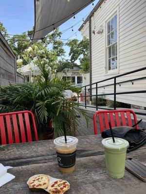 Latte, Froz Matcha, egg bites in CR side courtyard!