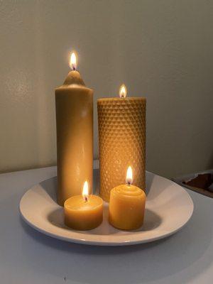 Pictured are both types of pillar candles, as well as the votive and tea-light sizes.