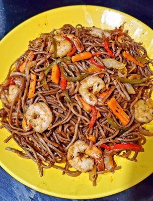 Djon Djon Black Mushroom Linguine, sauteed with veg and shrimp. A little spicy & delicious. Have to call ahead for it. Takes 45 mins