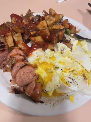 German Sausage, Eggs, home fries