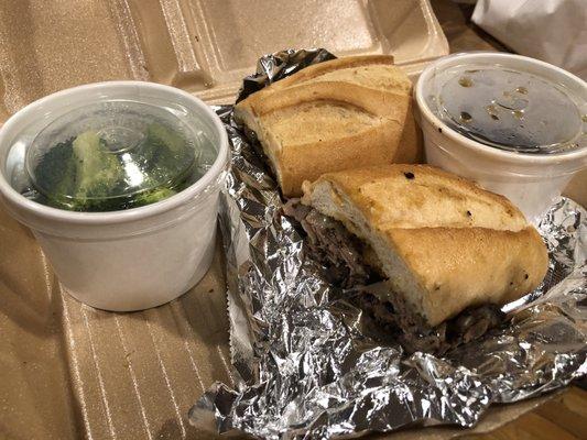 French dip with tasteless aujus, bland broccoli