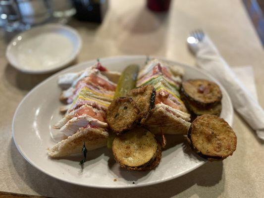 Club sandwich with fried zucchini