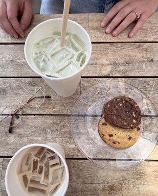 Iced coffee, iced matcha latte and two cookies! Their chocolate cookie with walnuts is what dreams are made of.