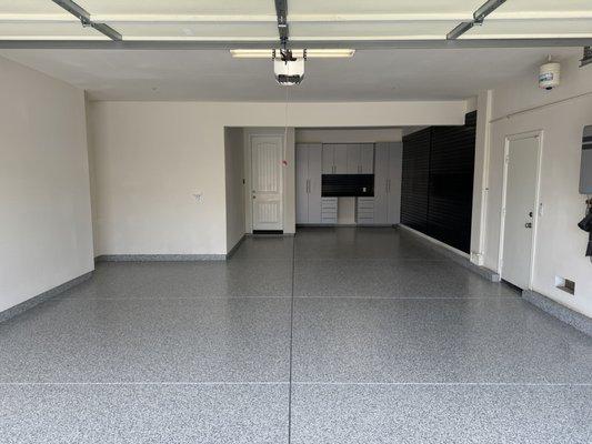 Floor, cabinets/workbench, and slatwall installation.