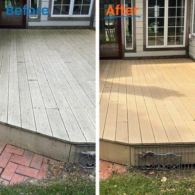 Deck / Patio Cleaning we did for a happy customer in Lansing! The total color change is amazing!