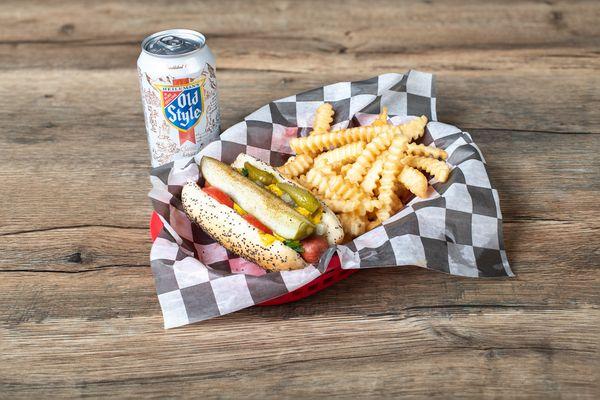 A hall of fame pairing. Chicago Dog, Old Style and crinkle cut fries.