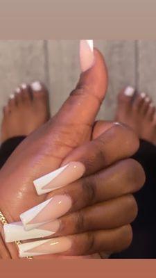 white toes and pink powder with white french tops medium