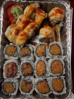 Spicy Maki mix (salmon, tuna, yellowtail), shrimp tempura maki