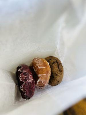 Red velvet glazed, glazed, and blueberry donut