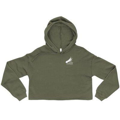 Women's Lifted Crop Hoodie. Available in Green, Black, and Grey