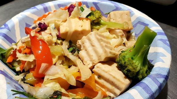 Lemongrass Noodle with Tofu - chopped lemongrass, coconut milk, lime juice, rice noodles, bell peppers, and basil.