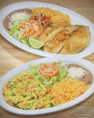 Tilapia Filete Dinner and Huevos a la Mexicana