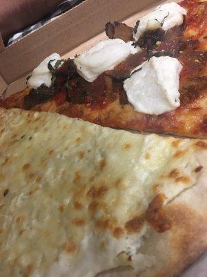 White pizza and eggplant parmigiana pizza