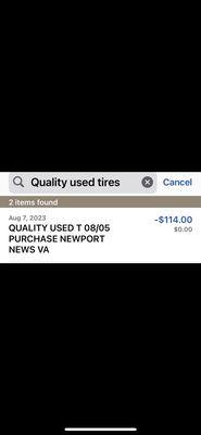 This photo shows the transaction for the "brand new tire".