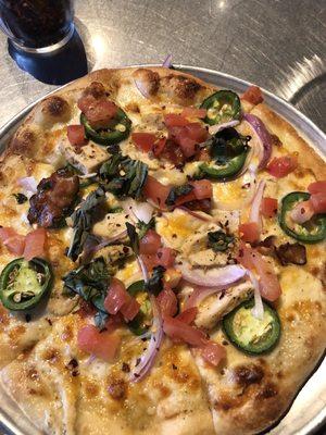 Chicken bacon ranch personal pizza with jalapeño