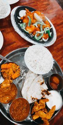 Thaali (kind of like a curry sampler) on the bottom, Shrimp Tandoori on the top. Both delicious!