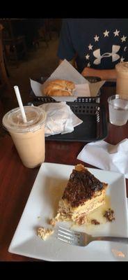 bacon cheddar quiche, iced snickers latte, crescent sandwich