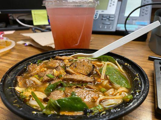 Spicy Thai Broth with Rice Noodles (sub spinach) + Cranberry Ginger Cayenne Lemonade