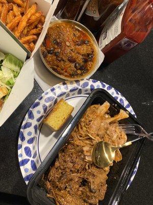 Pulled Chicken (pt), Chopped Beef Brisket (pt), Pitmaster Chili Side (circlular take out container), complimentary cornbread