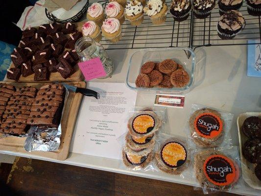 Vegan pop up shop Bake sale burrito coalition shugah mama cookies rising hearts cupcakes,brownies,etc