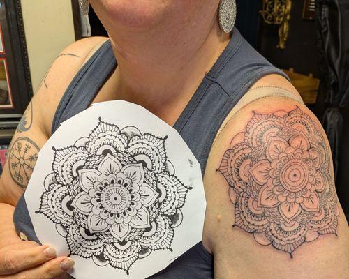 1st session mandala tattoo. You can also see my icelandic rune on my right arm that Mitzi also did.