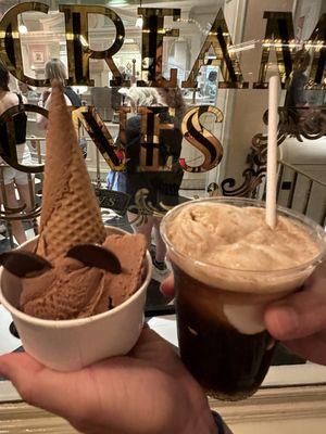 Chocolate vegan ice cream and coke float with vanilla vegan ice cream