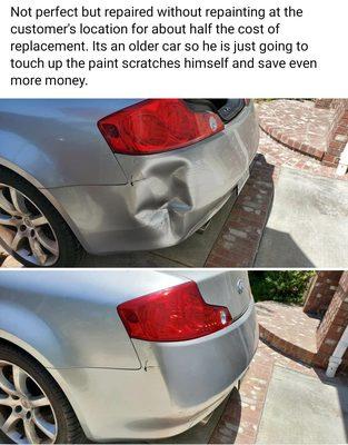 Plastic bumper dent repaired without repainting  by California Dent Co. Paintless Dent Repair