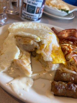 A combo of biscuits & gravy, 2 eggs, 2 sausage, 2 bacon, choice potato. Filling and tasty