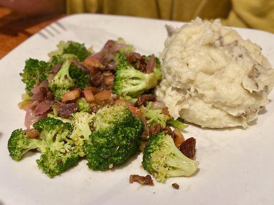 Garlic mashed potatoes and bacon broccoli.