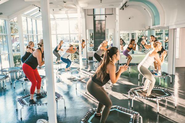 Our low-impact, athletic rebounder class blends cardio, strength, endurance, balance and lymphatic drainage all in a single bounce!